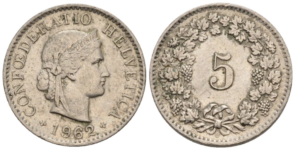 Швейцария 5 раппенов 1962 В KM 26 медно-никель 4576-931