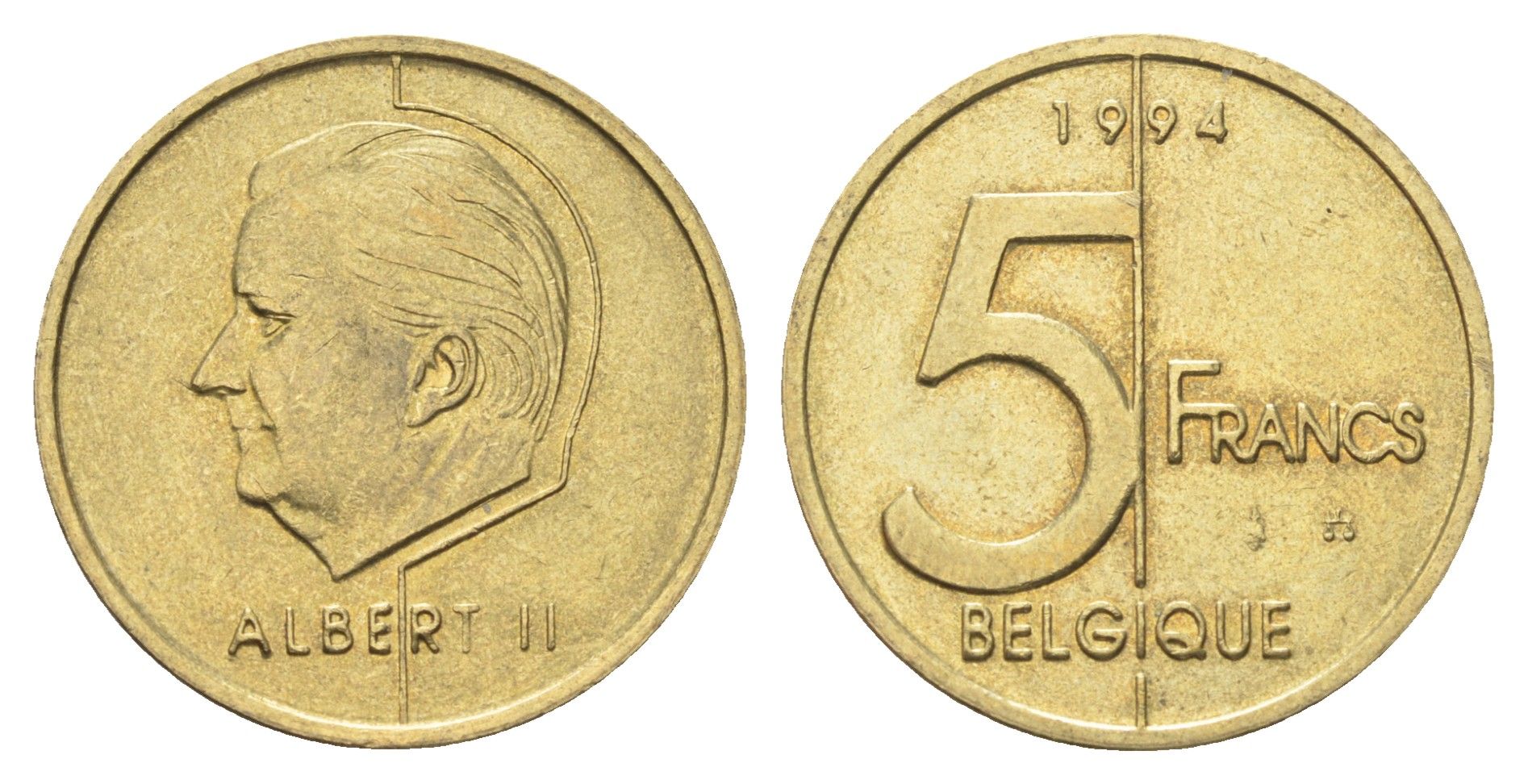 Бельгия 5 франков 1994 Belgique, Альберт II KM 189 алюминиевая бронза 4706-346