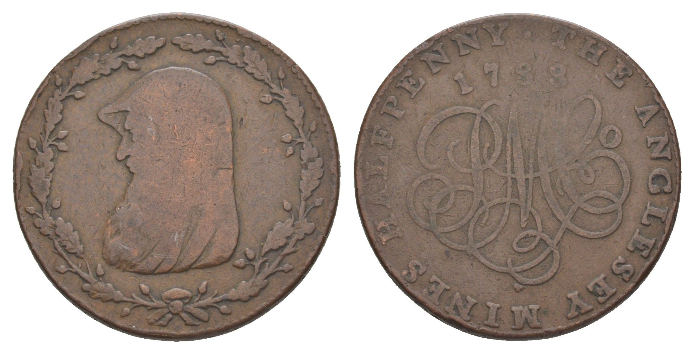 Великобритания, Англси 1/2 пенни 1788 Parys Mines Co, друид, гурт надпись медь 1526-722