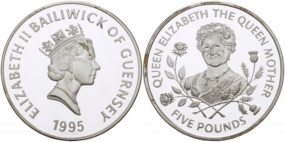 Гернси 5 фунтов 1995 Королева Елизавета, королева мать KM 66a серебро PROOF 1077-9-53