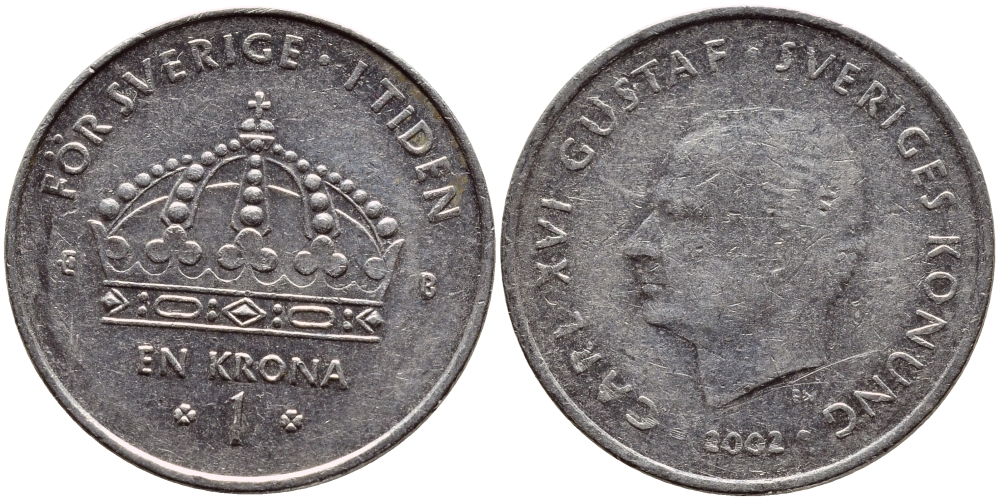 Швеция 1 крона 2002 Карл XVI Густав (1973- ) KM 894 медно-никель 4110-727