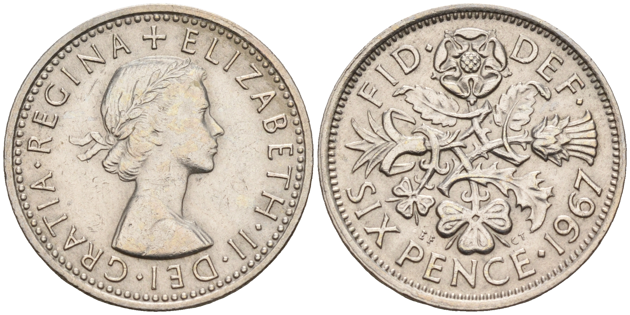 Великобритания 6 пенсов 1967 Елизавета II (1952-2022) KM 903, Spink 4149 медно-никель    4152-1214