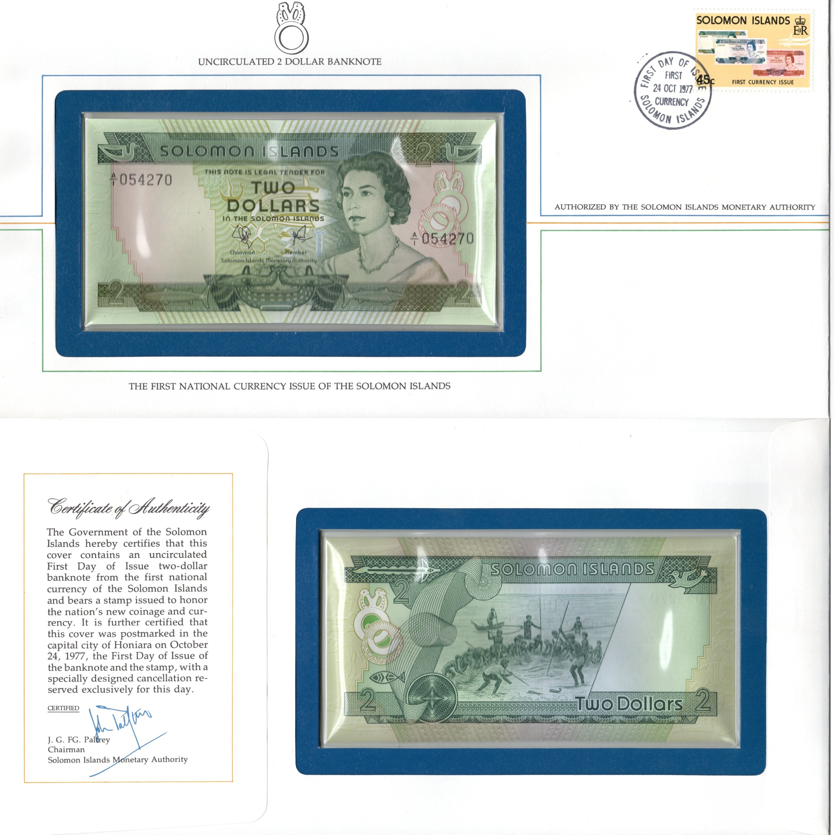 Соломоновы Острова набор "первый день выпуска" 1977 в комплект входит полный выпуск выходящих монет и банкнот в даном году - 7 монет (1, 2, 5, 10 и 20 центов; 1 и 5 долларов) и 3 банкноты (2, 5 и 10 долларов). 8-2-04-39