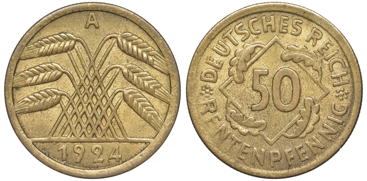 Германия 50 рентенпфеннигов 1924 A J. 310, KM 34 алюминиевая бронза 4513-1015