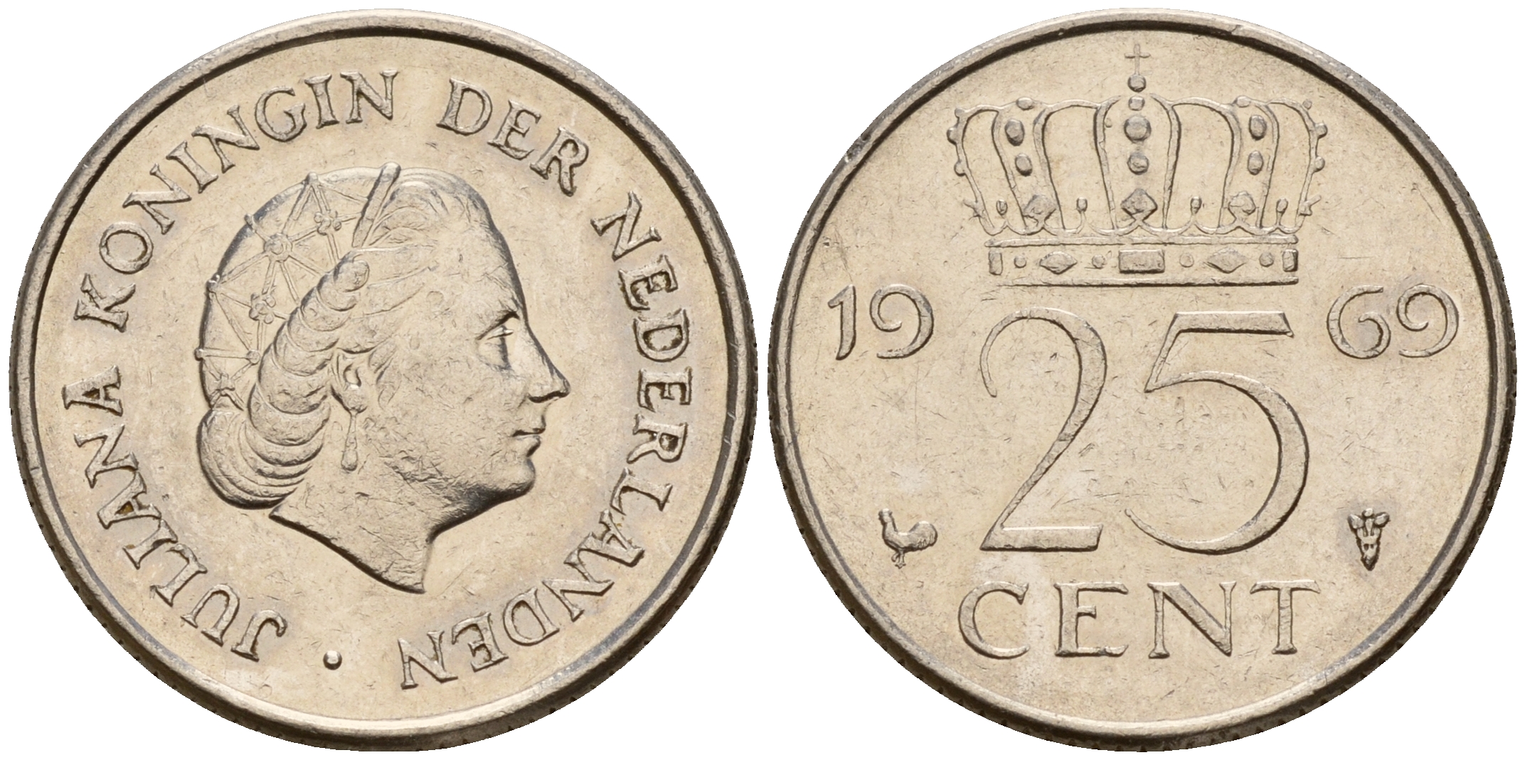 Нидерланды 25 центов 1969 Юлиана (1949-1980) HAAN KM 183 никель    4598-436