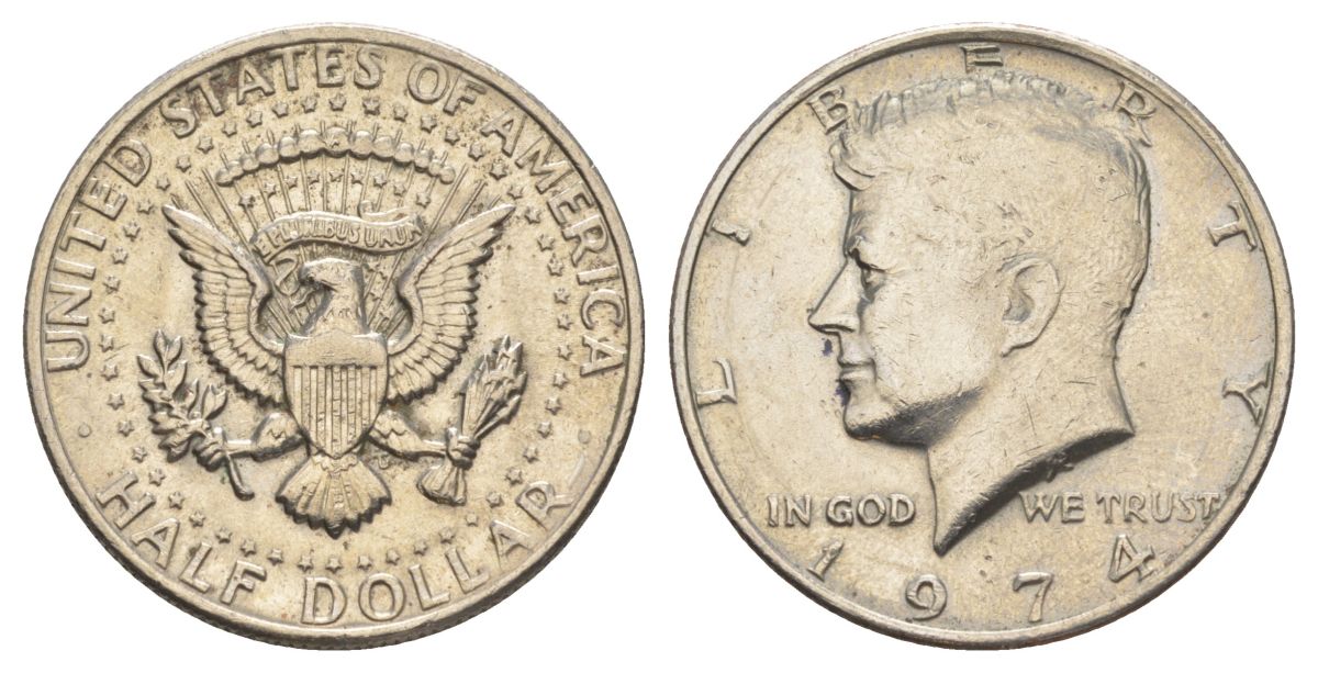 США 1/2 доллара (50 центов) 1974 Джон Кеннеди KM 202b медь плакированная медно-никелем aUNC 4536-513