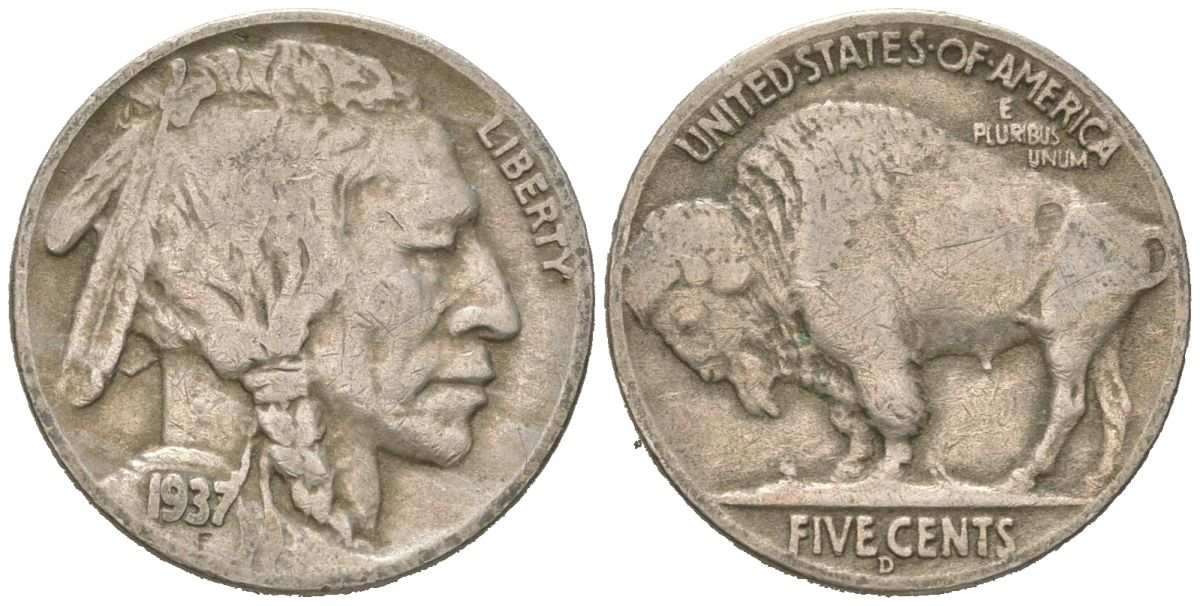 США 5 центов 1937 D, индеец, бизон KM 134 медно-никель 4602-1122