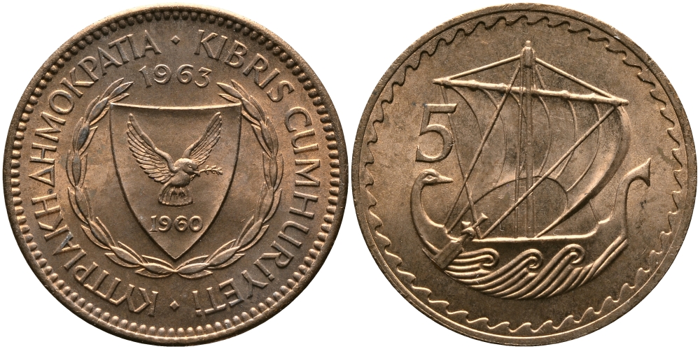 Кипр 5 милсов 1963 парусник KM 39 бронза aUNC 33-747