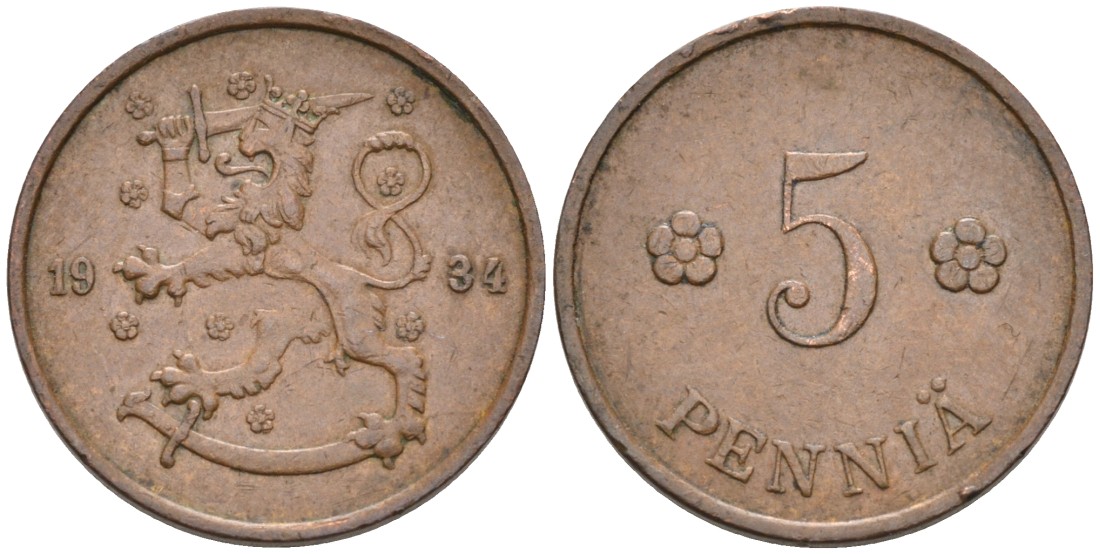 ФИНЛЯНДИЯ 5 ПЕННИ 1934 KM 22 медь 192-1249