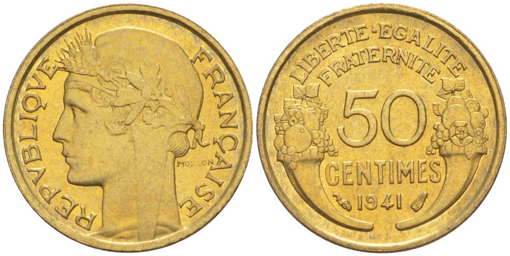 ФРАНЦИЯ 50 САНТИМОВ 1941 ТИП MORLON KM 894.1, LE FRANC 192.18 алюминиевая бронза 44-449