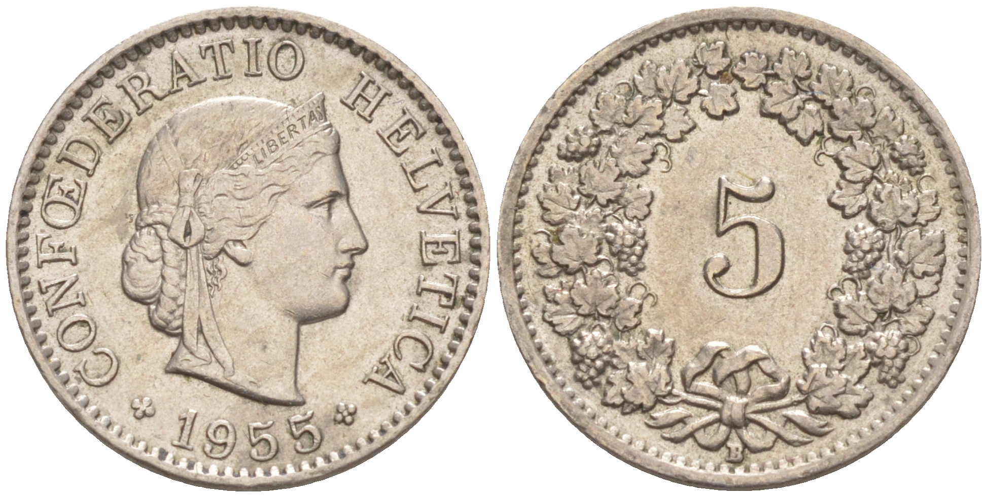 Швейцария 5 раппенов 1955 В KM 26 медно-никель 4547-722