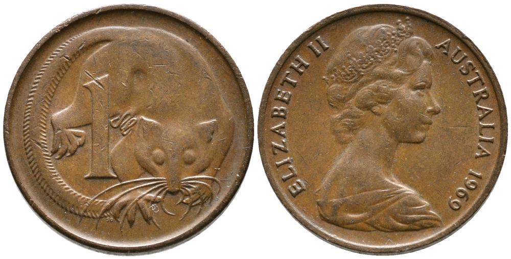 АВСТРАЛИЯ 1 ЦЕНТ 1969 ОПОССУМ, ЕЛИЗАЕТА II (1952-) KM 62 бронза 4549-667