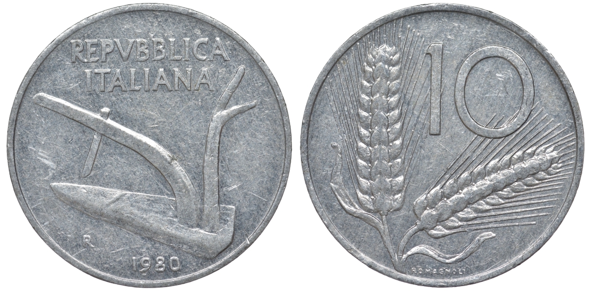 Италия 10 лир 1980 R, колосья KM 93 алюминий 4543-437