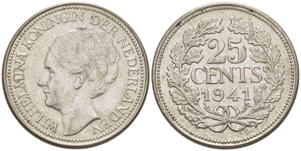 Нидерланды 25 центов 1941 Вильгельмина (1890-1948) KM 164 серебро aUNC 66-1142