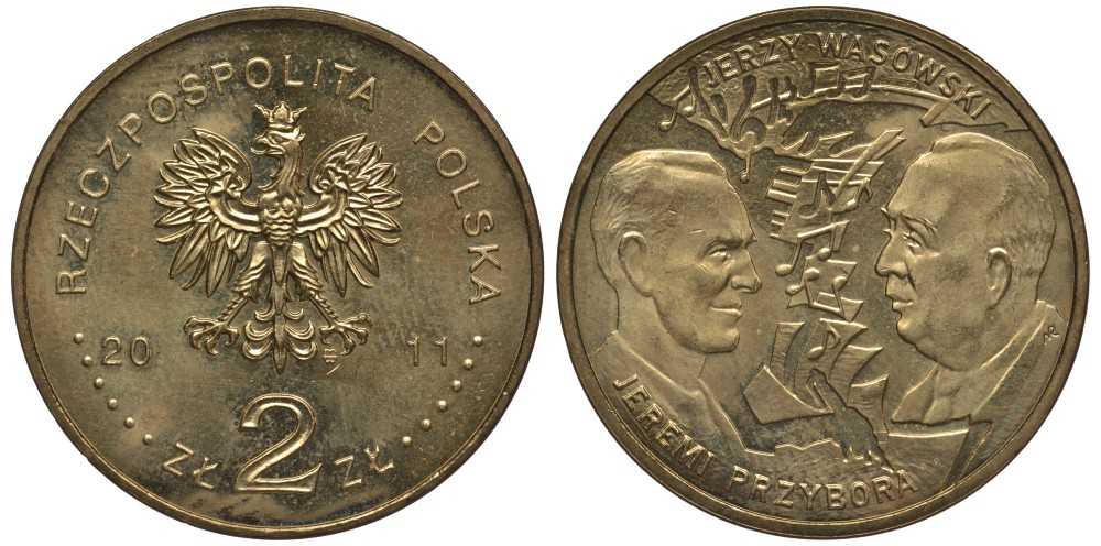 Польша 2 злотых 2011 серия история польской музыки, Ежи Васовский KM 801 латунь 111-446