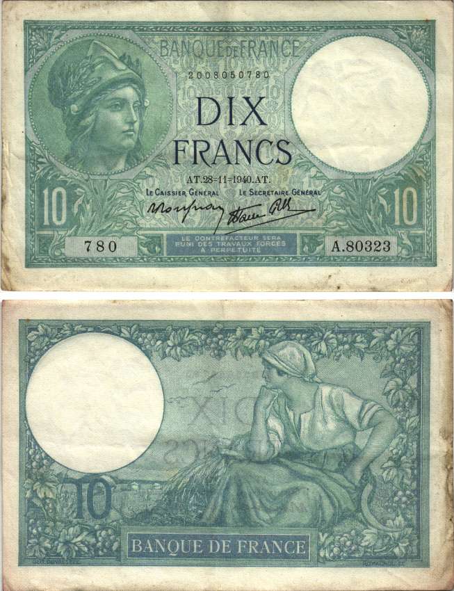 ФРАНЦИЯ 10 ФРАНКОВ 1940 28 НОЯБРЯ 1940, МИНЕРВА Pick 84 бумага VF-XF 8589-36-2-1