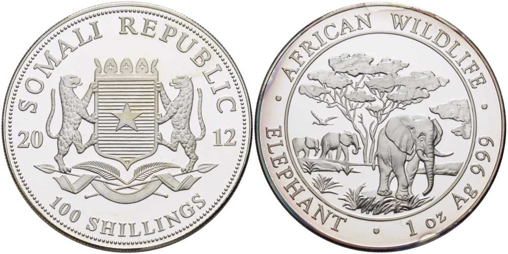 Сомали 100 шиллингов 2012 серия охрана окружающей среды, африканские слоны, 1 унция KM NEW серебро PROOF 1076-7-64