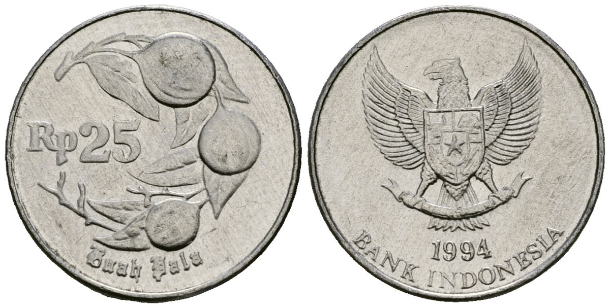 Индонезия 25 рупий 1994 мускатный орех KM 55 алюминий 4136-1039