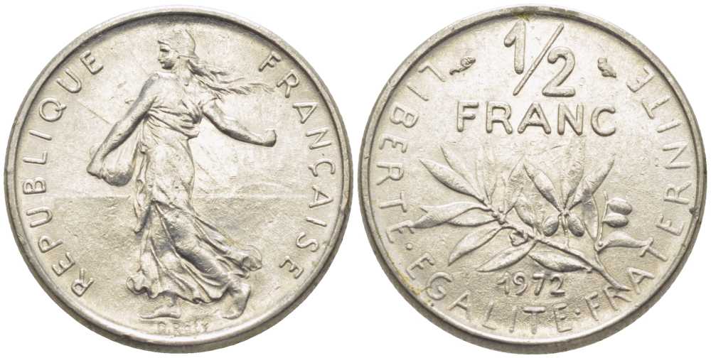 Франция 1/2 франка 1972 сеятель KM 931.1, LE FRANC 198.11 никель 175-943
