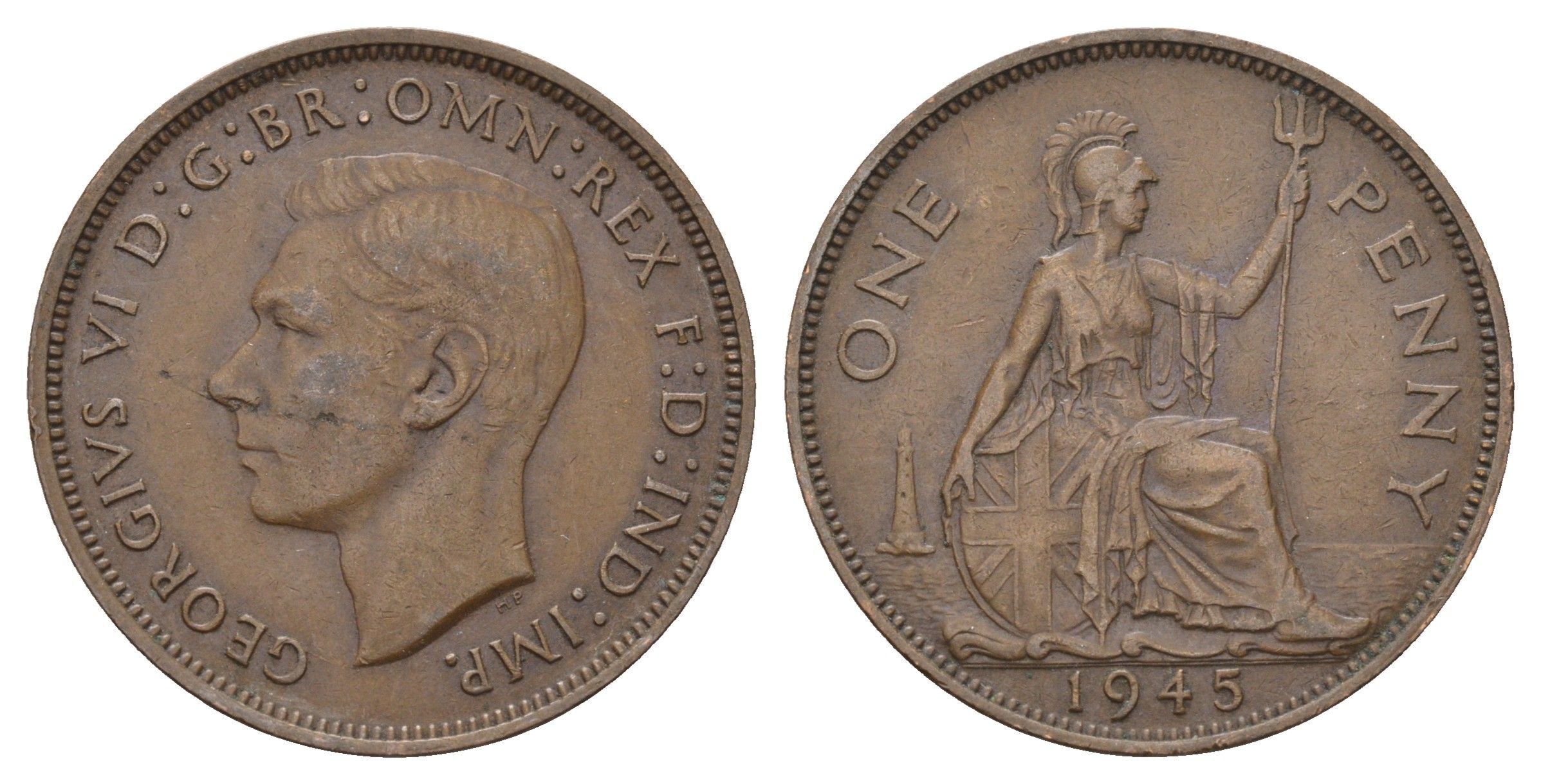 Великобритания 1 пенни 1945 Георг VI (1936-1952) KM 845, Spink 4114 бронза 81-1234