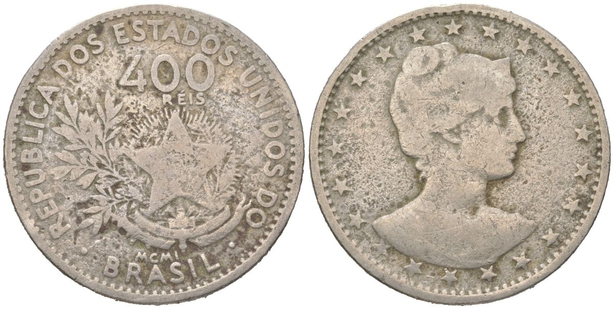 Бразилия 400 реалов 1901 MCMI, голова свободы вправо KM 505 медно-никель 4612-531