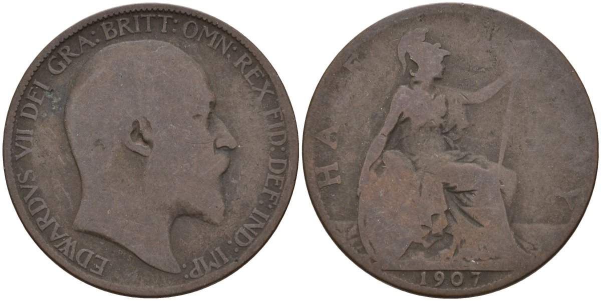 Великобритания 1/2 пенни 1907 Эдуард VII (1901-1910) KM 793.2, Spink 3991 бронза 4146-122