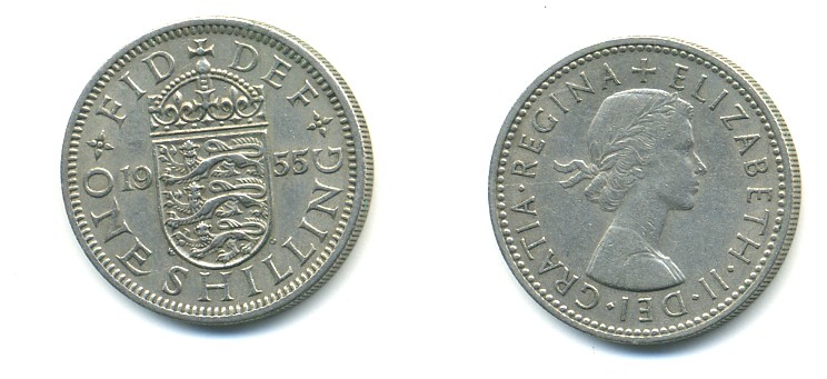 Великобритания 1 шиллинг 1955 Елизавета II (1952-2022), Английский герб KM 904, Spink 4147 медно-никель 23-933