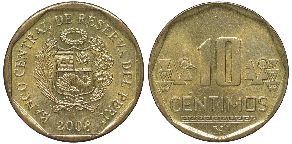 Перу 10 сентимо 2008 KM 305.4 латунь aUNC 4605-546