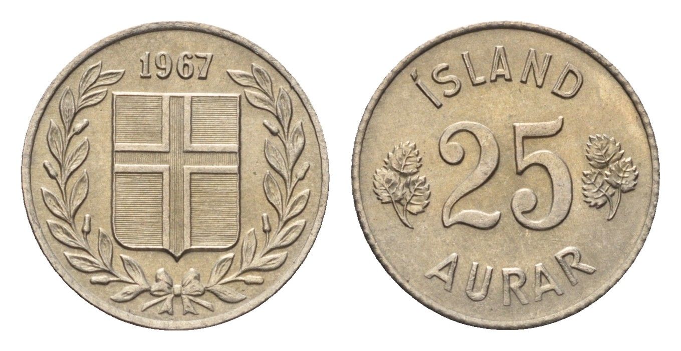 Исландия 25 эйре 1967 KM 11 медно-никель UNC 4696-349
