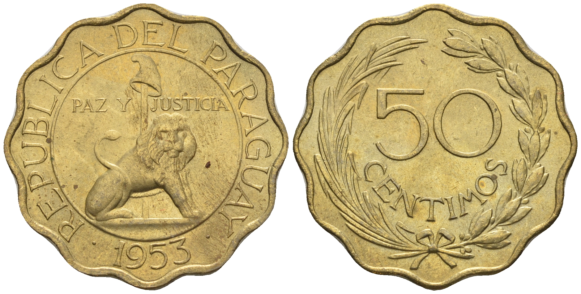 Парагвай 50 сентимо 1953 лев, фригийский колпак на шесте KM 28 алюминиевая бронза  aUNC  4177-711