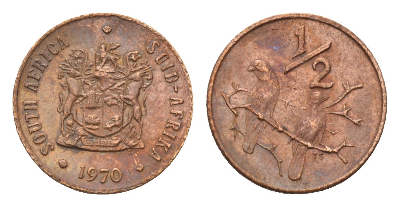 ЮАР 1/2 цента 1970 два капских воробья на ветке KM 81 бронза 187-336