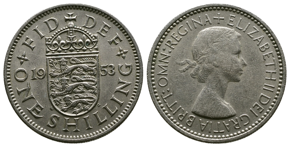 Великобритания 1 шиллинг 1953 Елизавета II (1952-2022), Английский герб KM 890, Spink 4139 медно-никель 4384-245