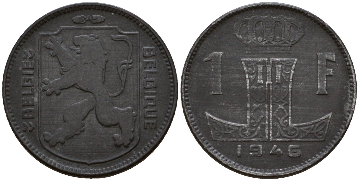 Бельгия 1 франк 1946 Belgie - Belgique KM 128 цинк 67-1117