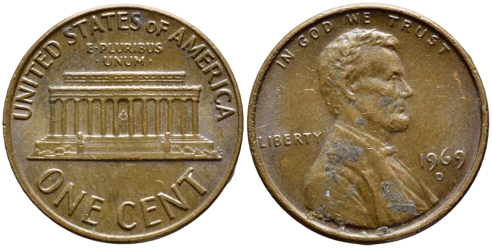 США 1 ЦЕНТ 1969 D, ЛИНКОЛЬН KM 201 медь цинк 4396-445
