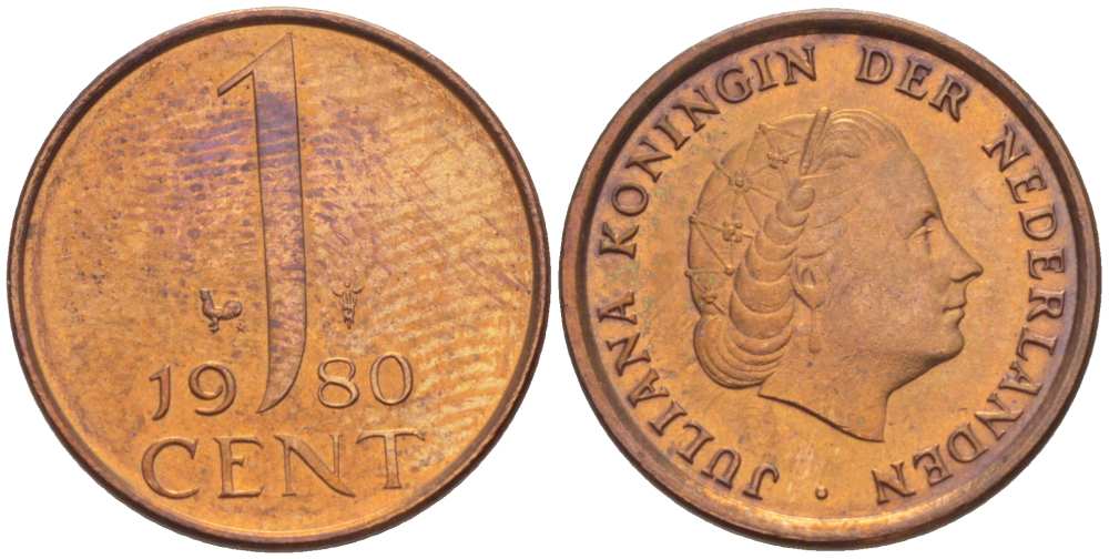 НИДЕРЛАНДЫ 1 ЦЕНТ 1980 КОРОЛЕВА ЮЛИАНА KM 181 бронза 3955-145