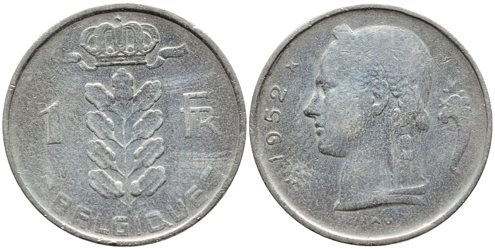БЕЛЬГИЯ 1 ФРАНК 1952 BELGIQUE KM 142.1 медно-никель 4391-341