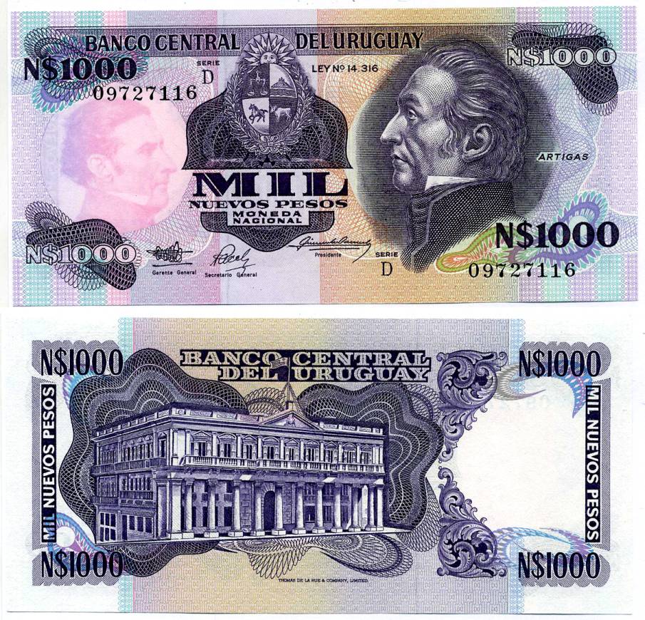 Уругвай 1000 новых песо 1992 серия D, Хосе Хервасио Артигас Pick 64A b бумага UNC (пресс) 8616-45-1-1