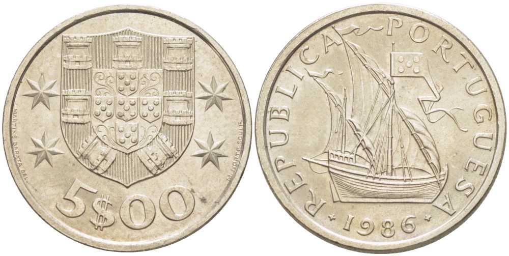 ПОРТУГАЛИЯ 5 ЭСКУДО 1986 ПАРУСНИК KM 591 медно-никель 213-256