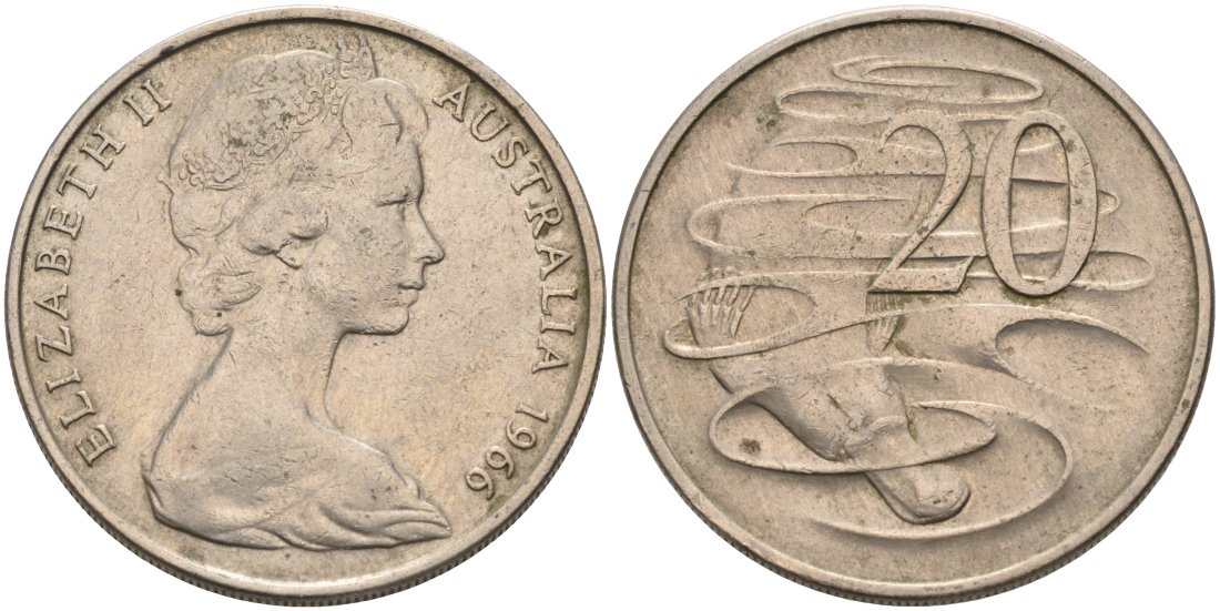 Австралия 20 центов 1966 Елизавета II (1952-2022), утконос KM 66 медно-никель 4572-624