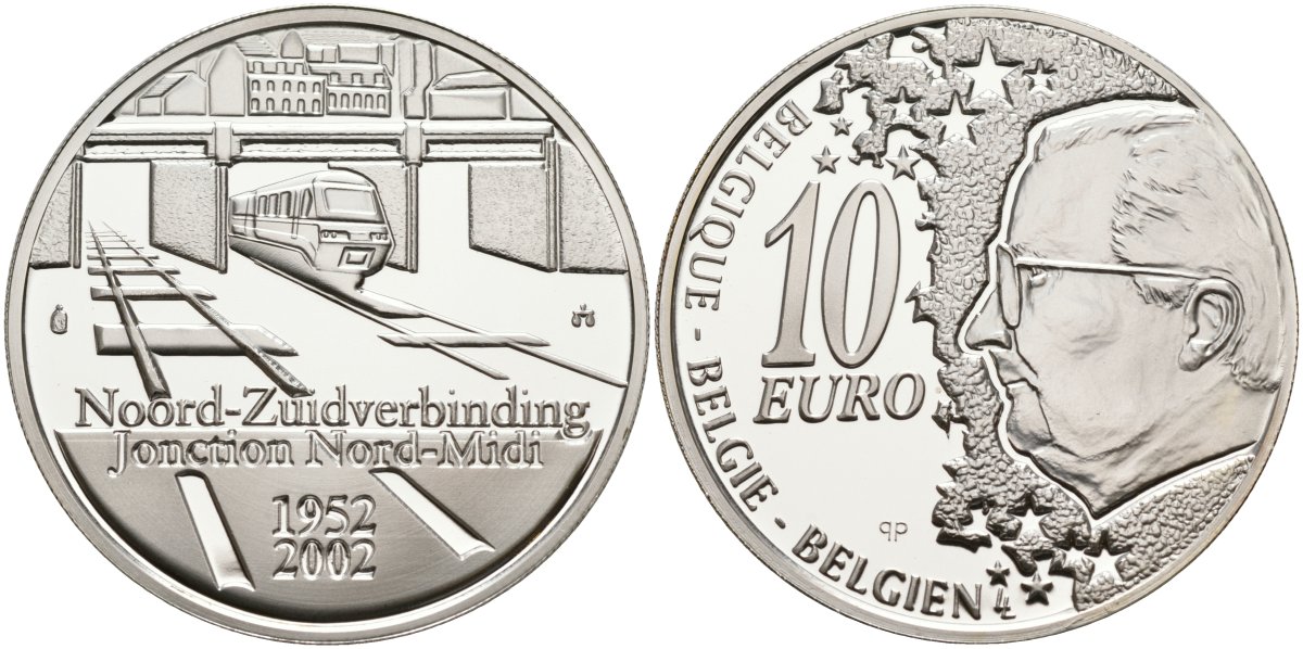 Бельгия 10 евро 2002 50 лет открытию железнодорожной ветки Норд-Миди около Брюсселя KM 233 серебро PROOF 02-117-56