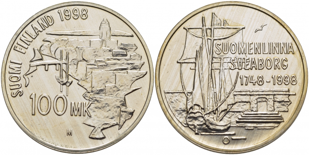 Финляндия 100 марок 1998 Свеаборг, бастионная система укреплений на островах близ Хельсинки, корабли KM 88 серебро UNC 01-148-32