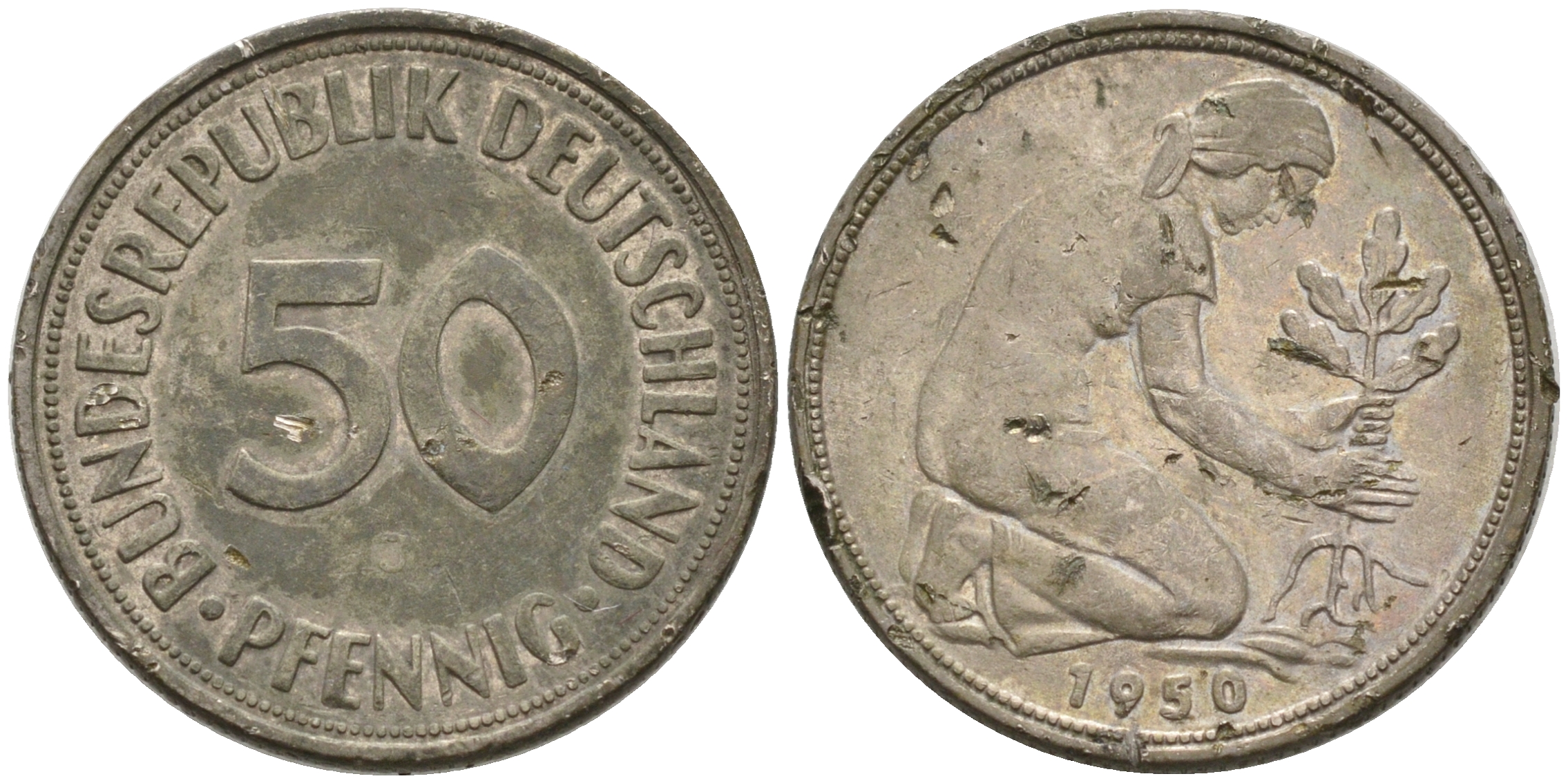 ФРГ 50 ПФЕННИГОВ 1950 J KM 109.1, J. 384 медно-никель 75-528