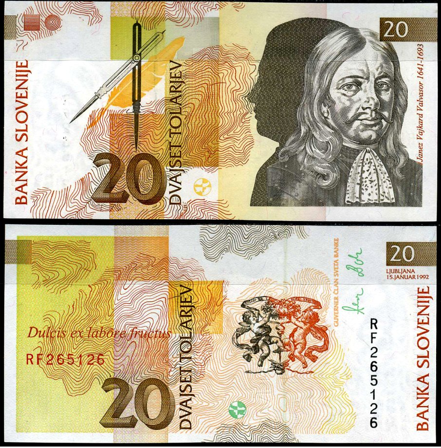 Словения 20 толаров 1992 Янез Вайкард Вальвазор Pick 12 a бумага 7116-41-2-2