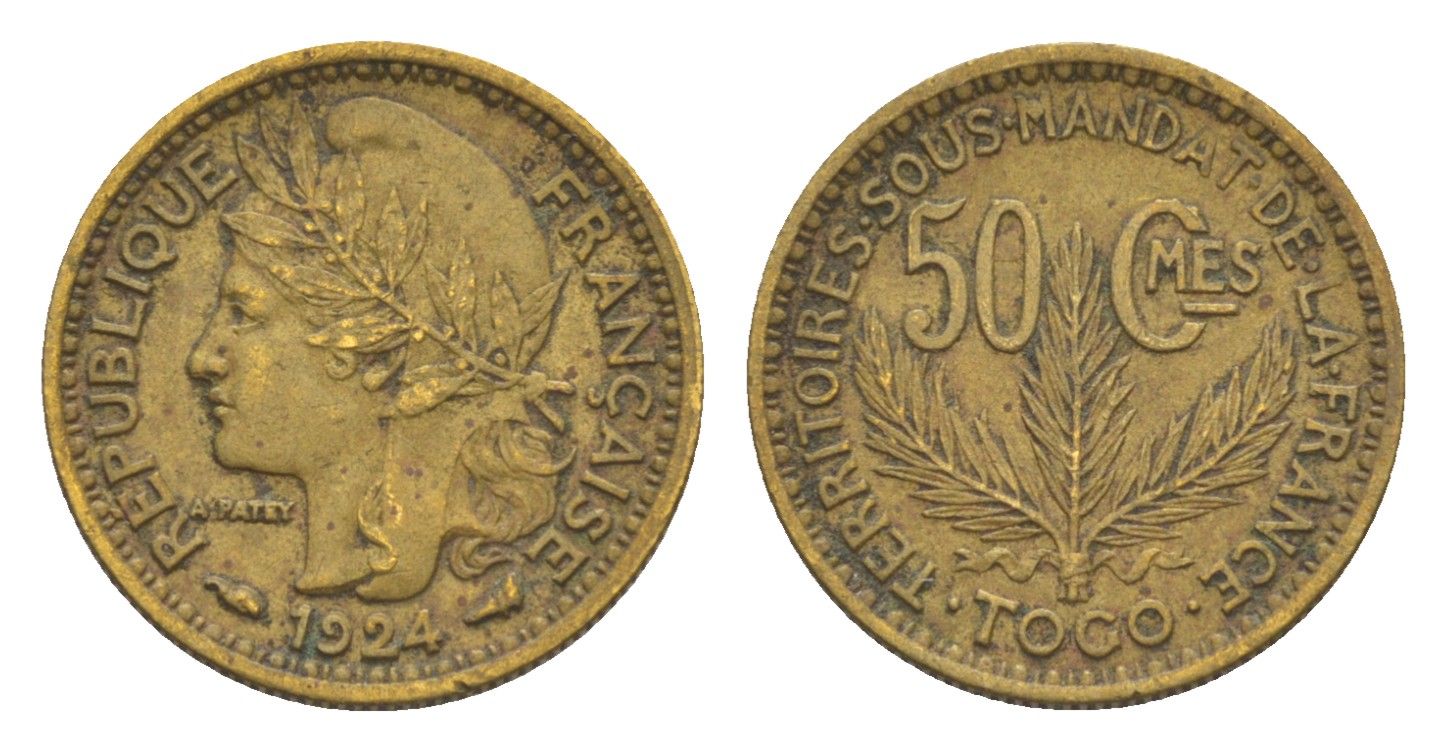 Того 50 сантимов 1924 KM 1 алюминиевая бронза 1527-1113