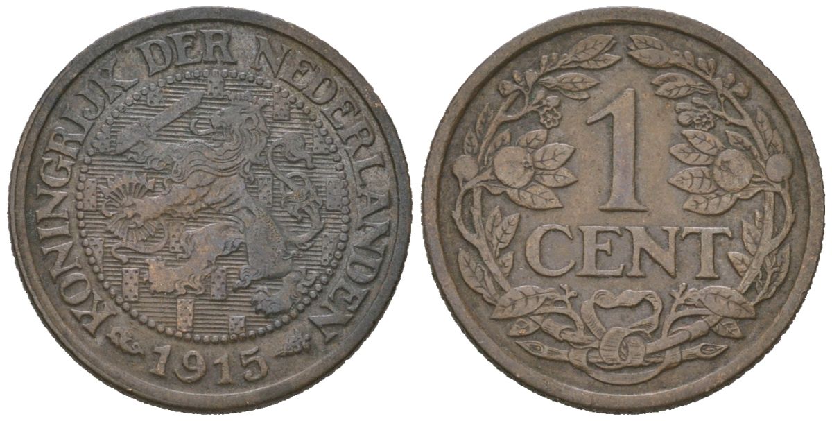 Нидерланды 1 цент 1915 Вильгельмина (1890-1948) KM 152 бронза 4152-225