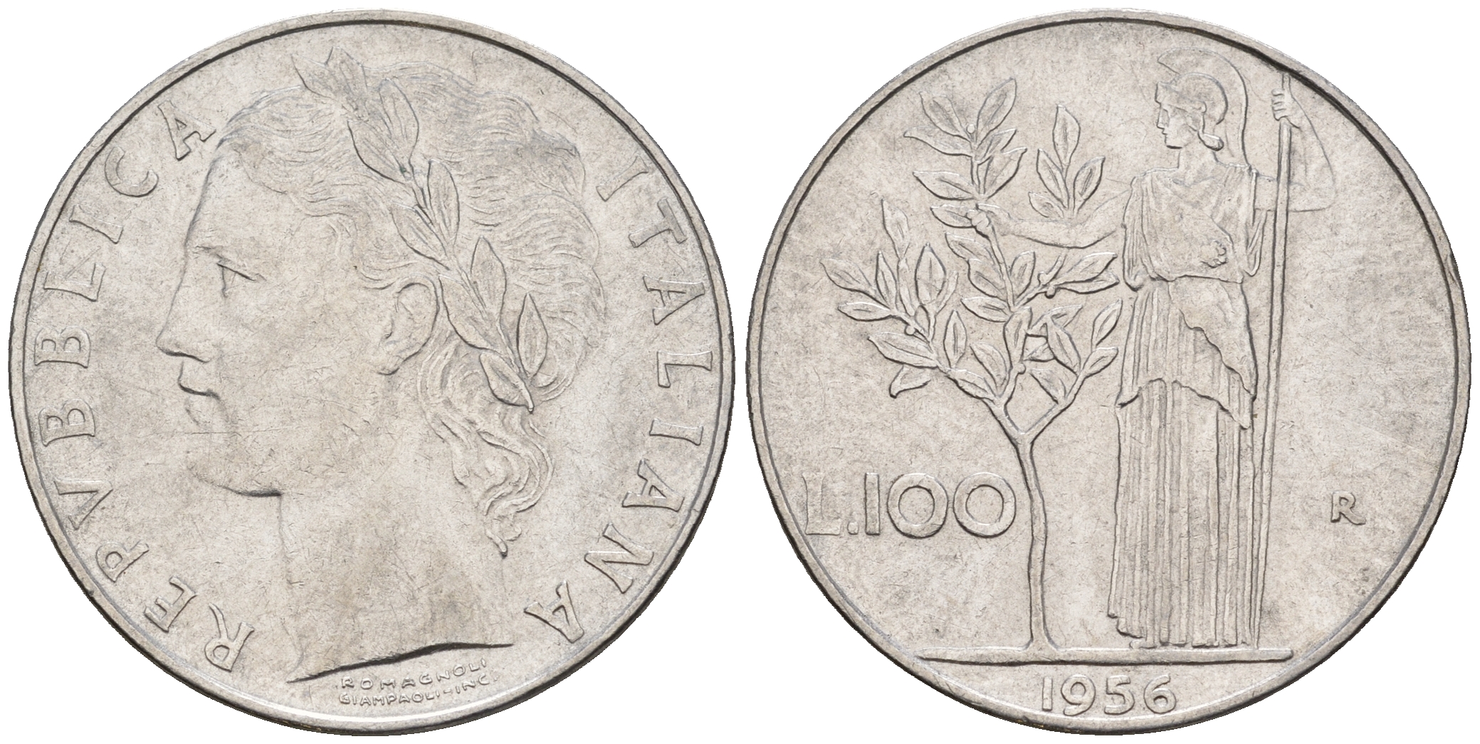 Италия 100 лир 1956 R, богиня Афина KM 96.1 нержавеющая сталь 259-144