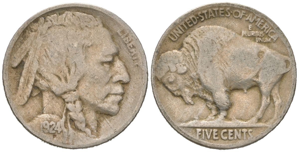 США 5 центов 1924 индеец, бизон KM 134 медно-никель 4614-1061