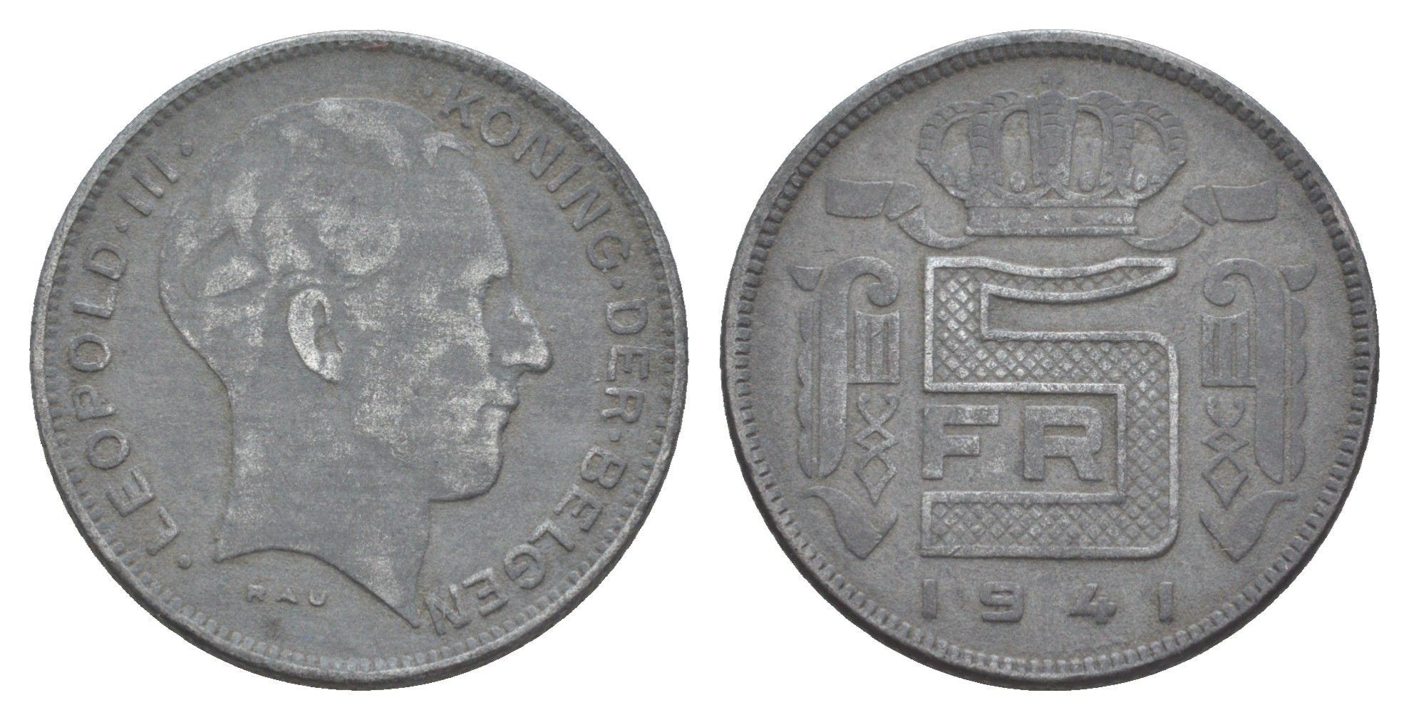 Бельгия 5 франков 1941 Belgen, Леопольд III (1934-1951) KM 130 цинк 4539-114