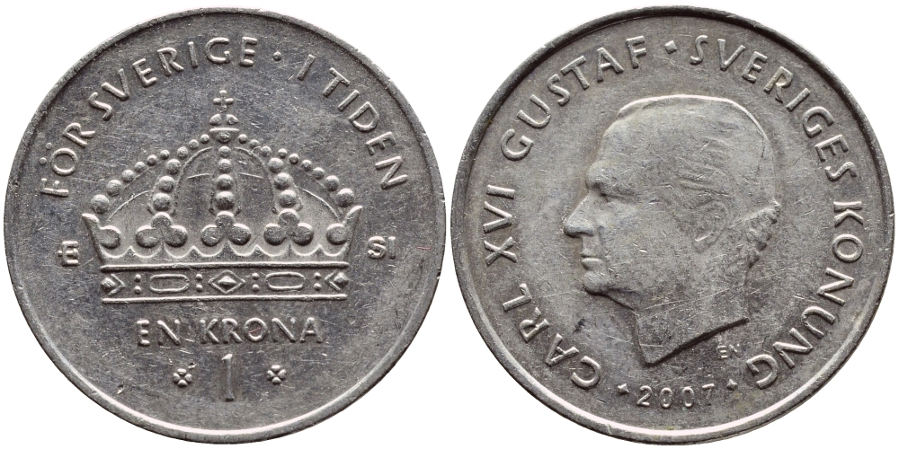 Швеция 1 крона 2007 Карл XVI Густав (1973- ) KM 894 медно-никель 176-956