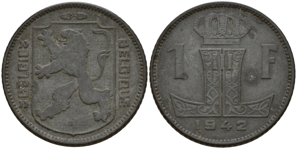 Бельгия 1 франк 1942 Belgique - Belgie, Леопольд III (1934-1947), германская оккупация, Вторая мировая война KM 127 цинк 4161-425